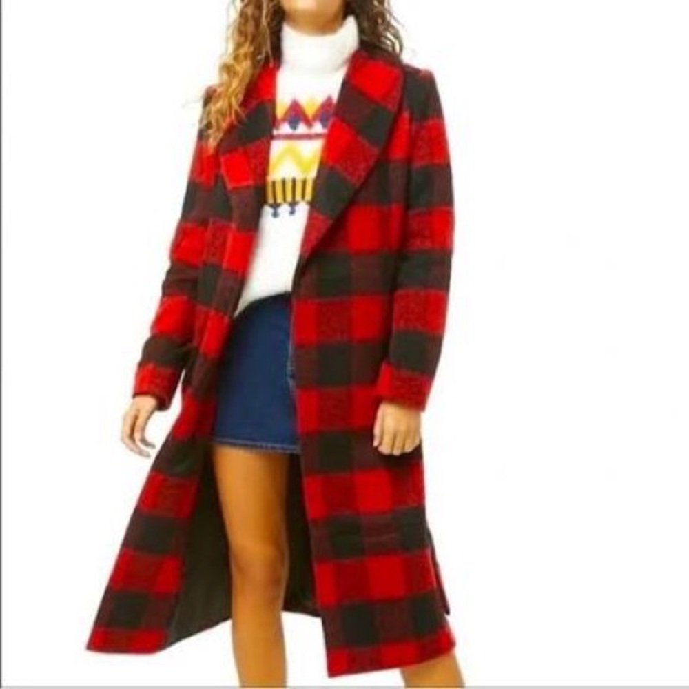 Forever 21 Red and Black Checkered Trench Coat